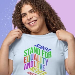 May include: Light blue t-shirt with the text "ALWAYS STAND FOR EQUALITY AND LOVE NEVER HATE" in a rainbow gradient. The shirt is being held up by a person with curly brown hair.