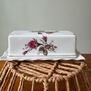 Vintage Moss Rose China Butter Dish