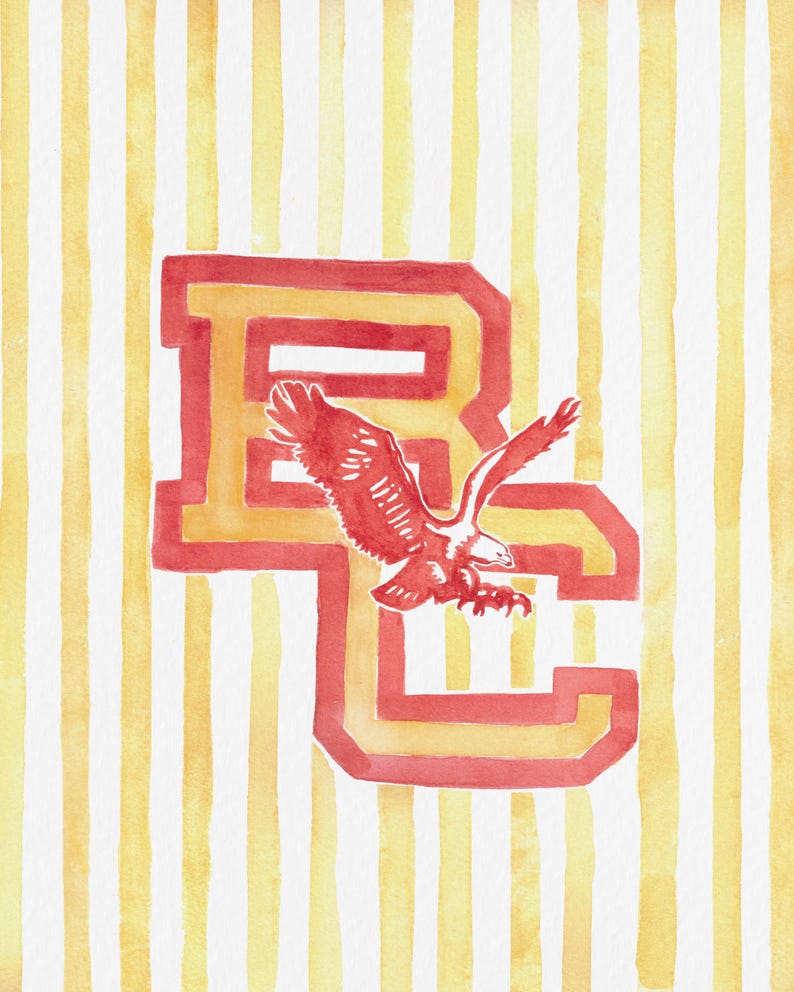 K&ouml;nnte beinhalten: Aquarellmalerei der Buchstaben "BC" in Rot und Gelb mit einem roten Adler, der durch die Buchstaben fliegt.