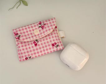 Handmade Cotton AirPods Case, Pink Gingham Cherry Pouch, Protective Earbud Holder