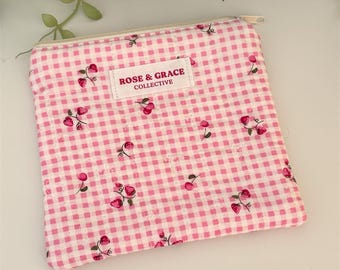Handmade Gingham Cherry Zipper Pouch, Small Coin Purse, Card Holder
