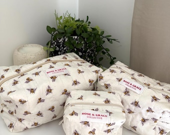 Quilted Cotton Zipper Pouch, Bee Print Travel Toiletry Organizer Bag