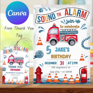 Invito digitale pompiere, invito compleanno camion dei pompieri, biglietto festa allarme, invito festa pompiere 5° compleanno personalizzato