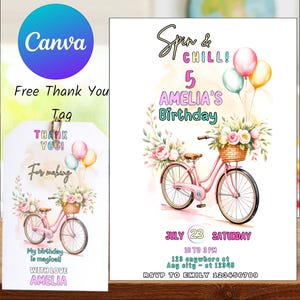 Modelo de convite, convite de aniversário de bicicleta, festa de spinning e descontração, cartão editável, festa de bicicleta para meninas, cartão de aniversário floral, convite para área externa