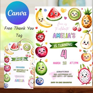 Invitación de cumpleaños de frutas, linda invitación para fiesta de frutas, fiesta de verano para niñas, tarjeta digital editable, decoración imprimible para cumpleaños infantiles