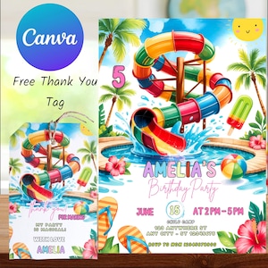 Modèle d'invitation, invitation d'anniversaire avec toboggan aquatique, carte de fête à la piscine, fête d'été modifiable, fête d'anniversaire pour enfants, fête à la piscine, invitation de toboggan aquatique