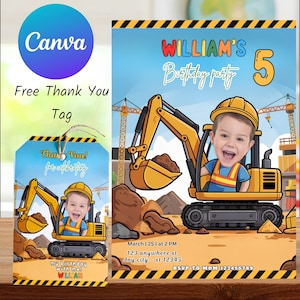 Convite de aniversário de construção, convite para festa de escavadeira, cartão de construtor editável, convite infantil para impressão, aniversário de menino, tema de construção