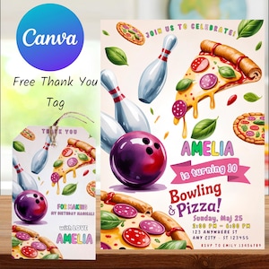 Bowling Birthday Party, Pizza Party Invite, Party Girl Birthday, Bowling And Pizza, Lets Bowl Teen, Girl Strike Up, Kids Bowling Ball Pin