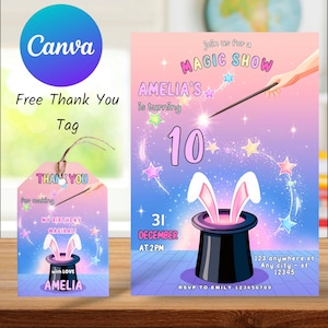 Invitación a espectáculo de magia, invitación a fiesta de cumpleaños, plantilla de cumpleaños mágico, diseño de fiesta personalizado, descarga digital, invitación editable para niños