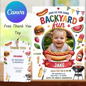 Faire-part d'anniversaire dans le jardin, invitation à une soirée barbecue, carte de pique-nique modifiable, fête d'été à imprimer, thème hot-dog, premier anniversaire, premier anniversaire pour barbecue