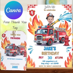 Puede incluir: Un conjunto de invitación de cumpleaños y etiqueta de agradecimiento con una ilustración de un camión de bomberos rojo. La invitación incluye el texto "Jake's Birthday" con fecha, hora y lugar. La etiqueta dice "¡Gracias por hacer que mi cumpleaños sea mágico!"