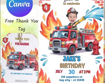 Firefighter Birthday Invitation Template: Fire Truck Party, Editable & Printable