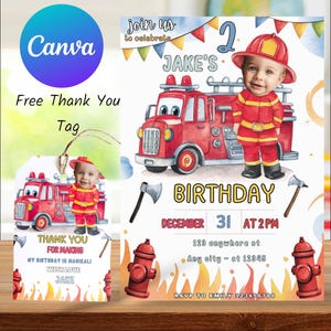 Fire Party, Fire Engine Invitation With Face, Fireman Themed Card, Fire Truck Birthhday, 2nd Birthday Card, Firefighter Birthday Invitation