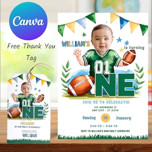 Faire-part 1er anniversaire sur le thème du rugby, carte de fête rugby, faire-part premier anniversaire de bébé personnalisable, téléchargement numérique, modèle modifiable