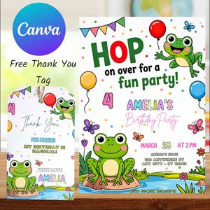 Convite de aniversário de sapo, convite para festa infantil, convite de sapo editável, cartão de aniversário de menina, tema de animal divertido, festa de sapo unissex, convite de sapo