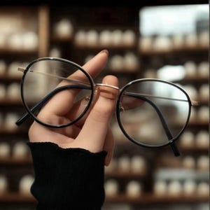 May include: Round black framed glasses with gold accents. The glasses are held in a hand.