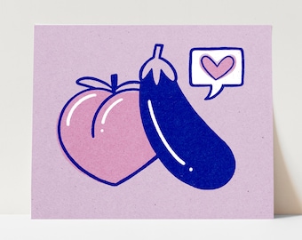 Emoji Love: Peach and Eggplant | Original Art Print