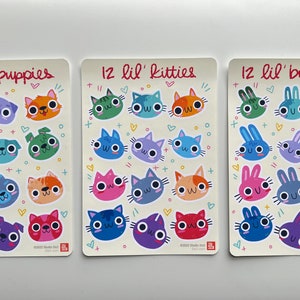 12 Lil' Puppies, Kitties, and Bunnies Stickers | Weatherproof Sticker Sheets