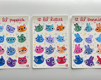 12 Lil' Puppies, Kitties, and Bunnies Stickers | Weatherproof Sticker Sheets