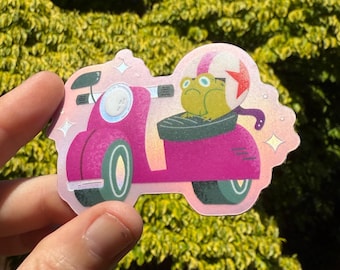 Jump Start! Grumpy Frog on Vespa Scooter Sticker Holographic Vaporwave Vinyl Decal