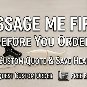 May include: Image with the text "MESSAGE ME FIRST! BEFORE YOU ORDER. GET A CUSTOM QUOTE & SAVE HEADROOM." Various mechanical parts and a white fish-shaped lure are displayed. Icons for custom order and free estimate are also present.