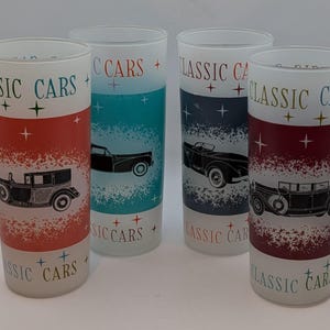 Vasos Tom Collins esmerilados con diseño de coches clásicos vintage - Artículos de bar modernos de mediados de siglo