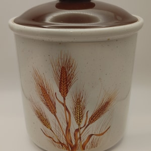 Puede incluir: Un tarro de galletas de cerámica blanca con tapa marrón. El tarro tiene un diseño de espigas de trigo en tonos marrones y amarillos.