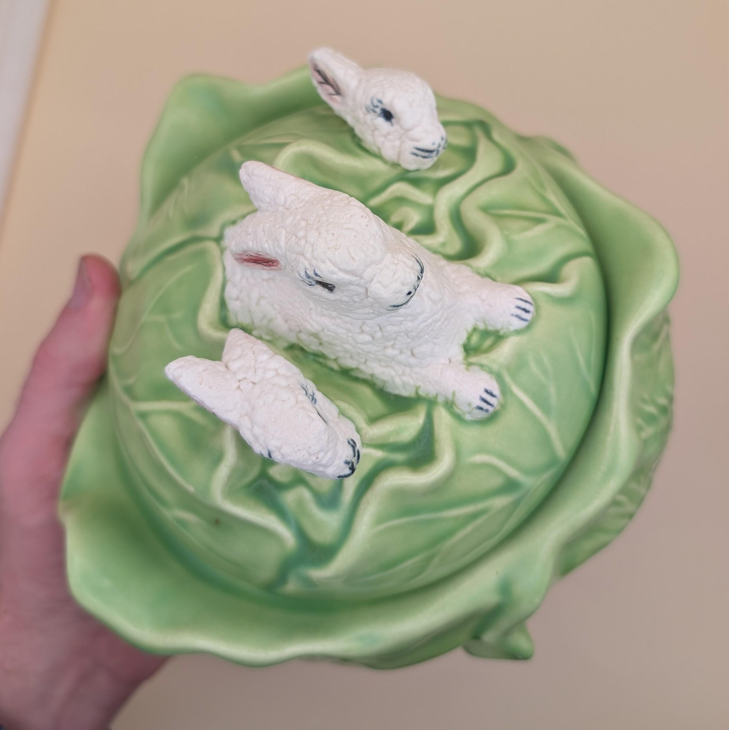 Vintage Holland Mold Cabbage Leaf Covered Dish With Rabbits