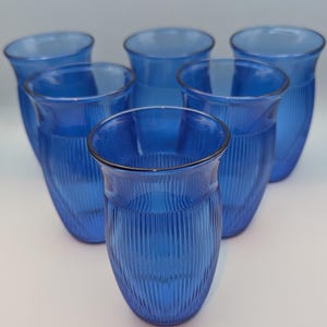 Set di 6 bicchieri piatti vintage Hazel-Atlas Cobalt Blue Fine Rib – Vetro Depression da 9 oz – Condizioni eccellenti
