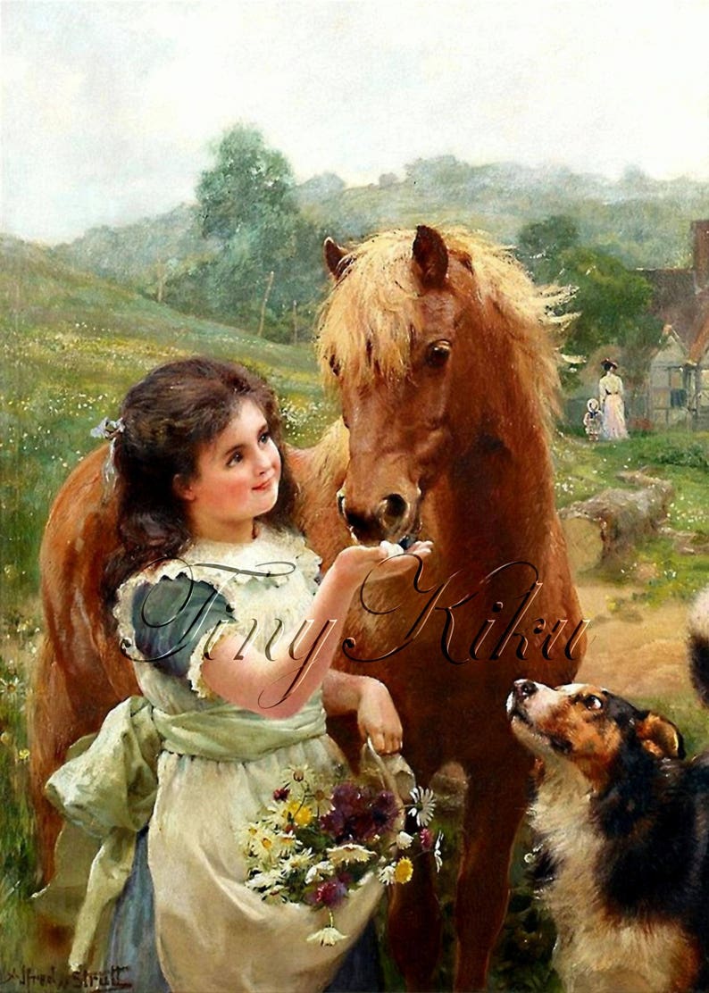 Young Victorian GIRL Feeding HORSE with COLLIE Dog Vintage Etsy