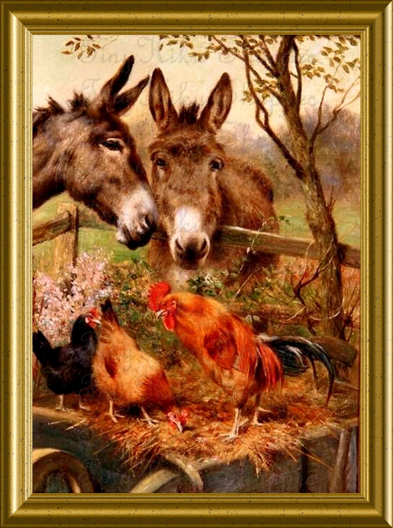 Two DONKEYS ROOSTER HENS Barn Scene Antique. Art Print Etsy