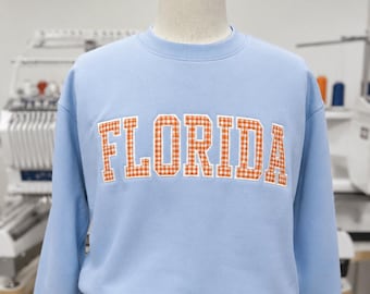 Custom Game Day Sweatshirt, Personalized Embroidered Varsity Crewneck, Gingham Collegiate Fashion Top Cozy Campus Outfit Women Cute Fall Fit