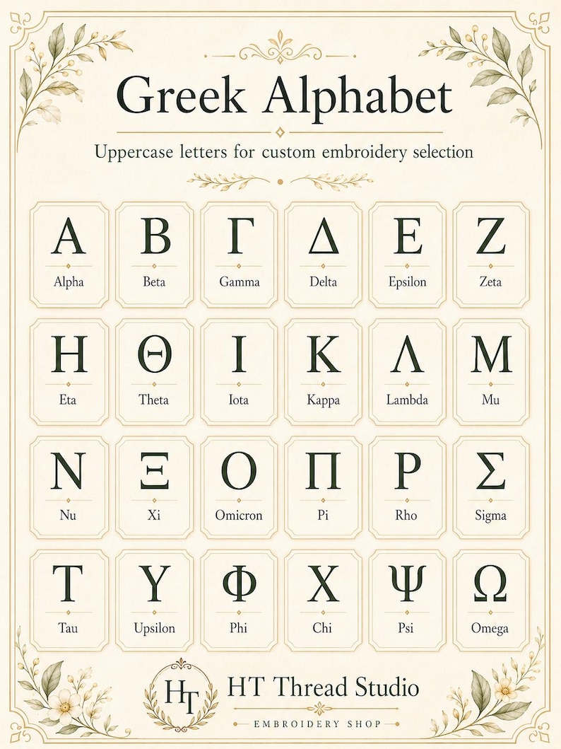 Puede incluir: Un gr&aacute;fico crema muestra el alfabeto griego, con cada letra may&uacute;scula en un cuadro separado. El texto "Greek Alphabet" y "Uppercase letters for custom embroidery selection" est&aacute;n en la parte superior. El logotipo de HT Thread Studio est&aacute; en la parte inferior.