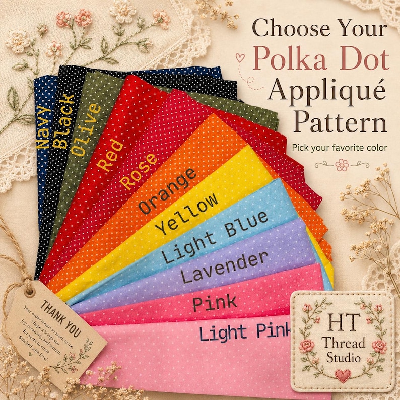 Puede incluir: Una selecci&oacute;n de muestras de tela de apliques de lunares de varios colores, incluyendo azul marino, negro, oliva, rojo, rosa, naranja, amarillo, azul claro, lavanda, rosa y rosa claro. La imagen incluye el texto "Elige tu patr&oacute;n de aplique de lunares".