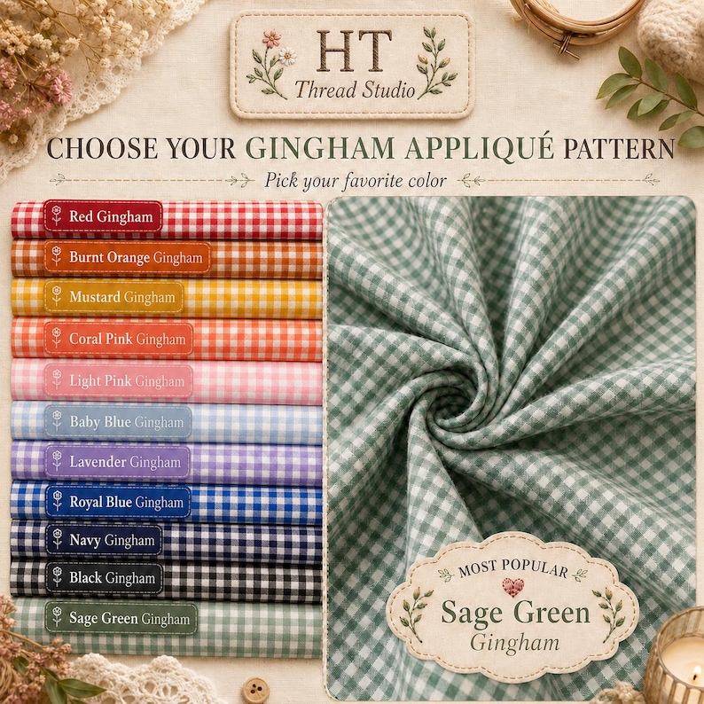 Puede incluir: Una exhibici&oacute;n de varios rollos de tela de cuadros vichy en colores como rojo, naranja, amarillo, rosa, azul y verde. La imagen incluye el texto "Choose Your Gingham Appliqu&eacute; Pattern" y "Sage Green Gingham."