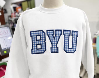 Custom Personalized Blue Gingham Crewneck, Embroidered Varsity Sweatshirt, Boutique Everyday Applique Fashion Top