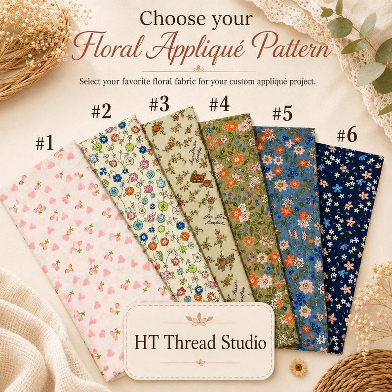 Puede incluir: Una selecci&oacute;n de seis patrones de tela floral para proyectos de apliques. Las telas est&aacute;n numeradas y presentan varios dise&ntilde;os florales en colores como rosa, azul, verde y marino. El texto "Choose your Floral Appliqu&eacute; Pattern" est&aacute; en la parte superior, con "HT Thread Studio" en la parte inferior.
