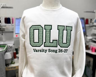 Sudadera universitaria personalizada, cuello redondo con apliques de cuadros vichy, camiseta personalizada con el espíritu escolar, regalo de sudadera bordada para el equipo