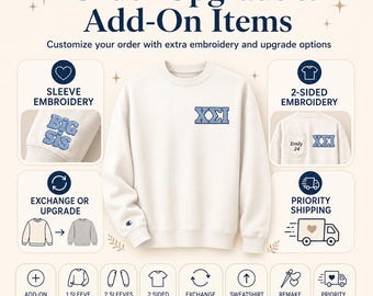 Mejora de pedido de bordado, artículos adicionales, bordado de mangas, bordado de espalda, mejora de sudadera, envío prioritario