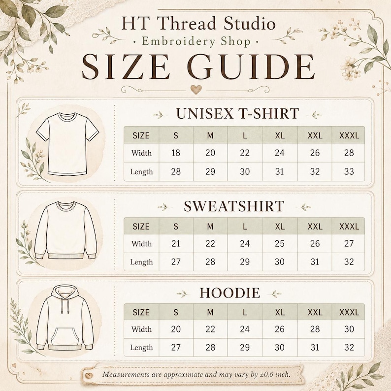 Puede incluir: Una gu&iacute;a de tallas para camisetas unisex, sudaderas y sudaderas con capucha. La gu&iacute;a incluye medidas de ancho y largo en cent&iacute;metros para las tallas S a XXXL. El texto "HT Thread Studio" y "Embroidery Shop" est&aacute;n arriba.