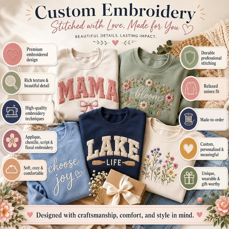 Puede incluir: Una variedad de sudaderas bordadas en varios colores, incluyendo crema, verde salvia y azul marino. Los dise&ntilde;os incluyen la palabra "MAMA", arreglos florales y la frase "LAKE LIFE". La imagen tambi&eacute;n presenta el texto "Custom Embroidery".