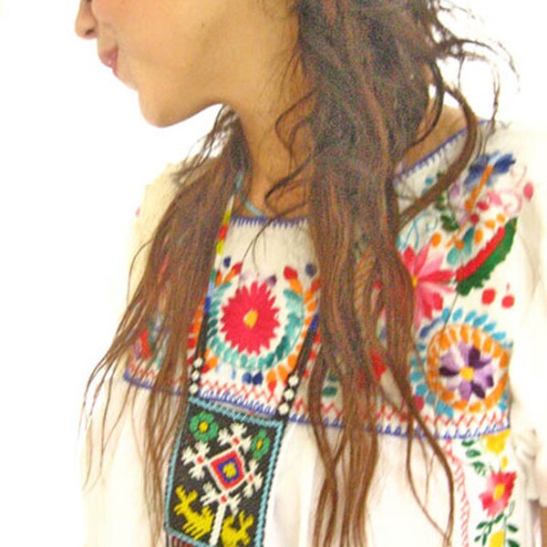 Mexican embroidered dress white with beautiful colorful vintage hand embroidery