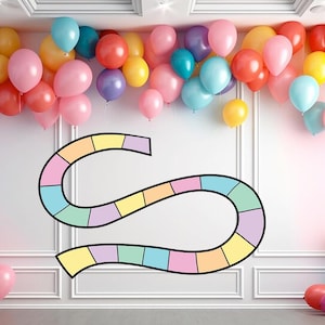 May include: A colorful pastel rainbow game board with a winding path, surrounded by a wall decorated with a garland of colorful balloons.