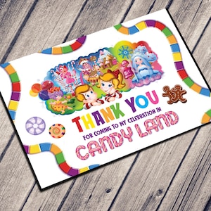 THANK YOU Card Candy Land Birthday Party | Instant Direct DOWNLOAD | Print from Home | Board Game 80&#39;s Rainbow Candyland