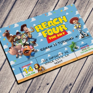 Reach FOUR The Sky Birthday Invite | Age 4 | Customized Digital Download | PRINT from HOME | Andy&#39;s Room | 24 Hour Turnaround!