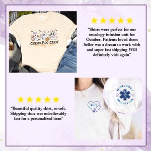 May include: Two t-shirts with different designs. The first shirt is light beige with a Halloween-themed design featuring ghosts and a pumpkin. The text on the shirt reads "CHEMO BOO CREW Oncology Nurse". The second shirt is white with a blue and purple design featuring a caduceus and the text "SAVING LIVES ONE HEARTBEAT AT A TIME EMT".