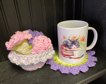 Flower Pot Coaster Set - Home Decor  Flower Coasters  Flower Crocheted Coasters, Useful Decor Gift for home Flower Pot Coaster Gift for Her