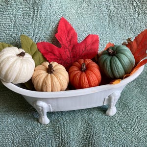 May include: A white ceramic bathtub with four legs, filled with four small decorative gourds. The gourds are white, orange, and green. There are red and green fall leaves around the gourds.