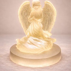 May include: A glowing angel figurine with outstretched wings, sculpted in a soft, translucent material. The angel is depicted in a flowing gown, standing on a circular base. The overall color is a warm, inviting yellow.