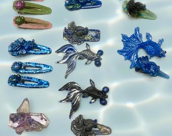 Unique Whimsical Hair Clip: Handmade Resin Beta Fish and Turtle Barrettes, Decorative Paper Clips